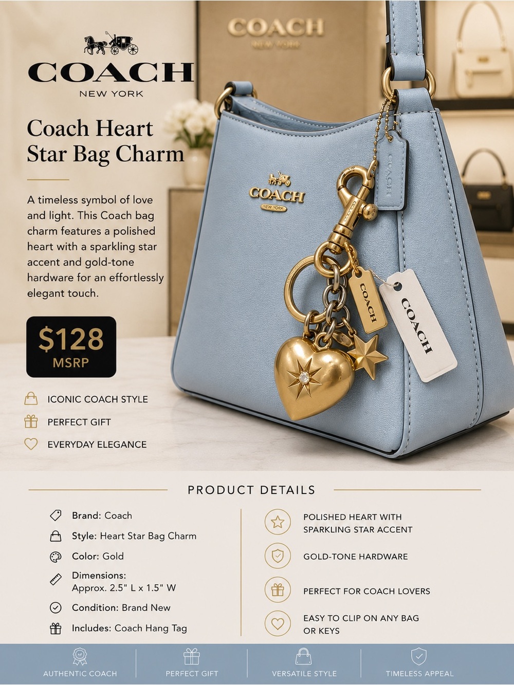 Coach Gold Heart & Star Bag Charm